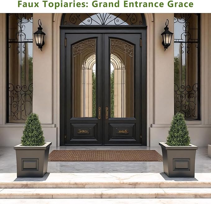 30" Boxwood Topiary Trees Artificial Outdoor Set of 2, UV Resistant Faux Plants for Front Porch Planters, Realistic Cone-Shaped Fake Bushes & Shrubs, 2.5ft Evergreen Decoration-VerdiqueGarden