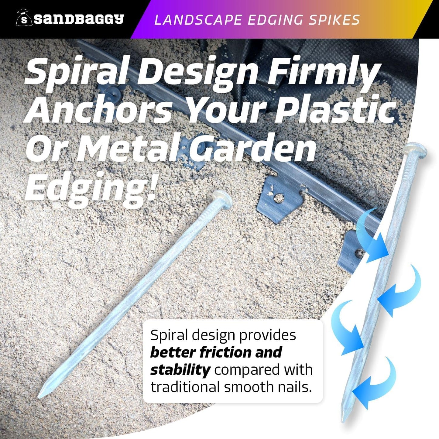 Sandbaggy 6 inch Galvanized Landscape Edging Spikes - Spiral Landscape Nails - 7 Gauge Steel - Great For Hard Rocky Soil - Also Great For Paver Edging, Artificial Turf, Landscape Fabric (1000, 6 inch)-VerdiqueGarden