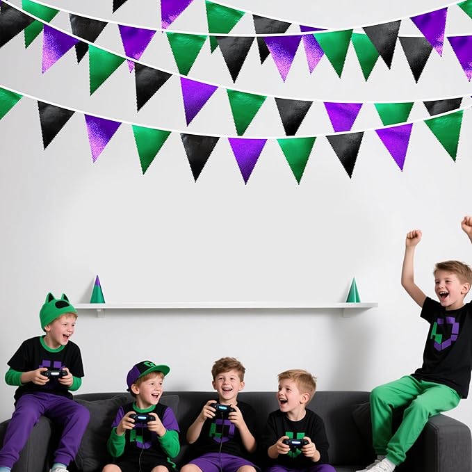 Black Purple Green Party Decorations Metallic Fabric Triangle Pennant Banner Flag Bunting for Boys Men Birthday Graduations Wedding Bachelorette Retirement Video Game Level Up Theme Party Supplies-VerdiqueGarden