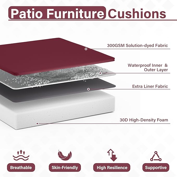 Patio Chair Cushions 17 X 16 X 3 Inch Waterproof Outdoor Seat Cushions for Patio Furniture, Outdoor Sofa Couch Pads with Ties & Handle, Set of 2, Burgundy-VerdiqueGarden