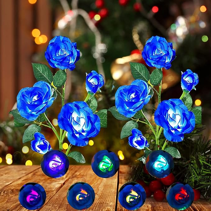 ANGMLN 2 Pack Solar Garden Lights, Solar Flower Lights Outdoor Waterproof with 10 Head Blue Rose 7-Color Changing Landscape Light for Garden Yard Pathway Patio Grave Cemetery Decoration-VerdiqueGarden