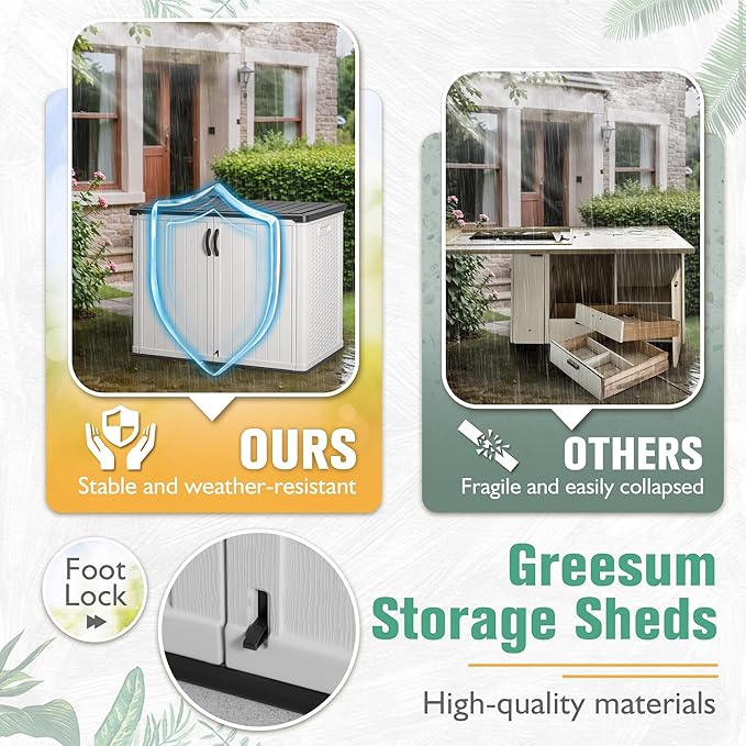 Greesum Outdoor Horizontal Storage Sheds 27 Cu.ft Resin Large Storaged Box Weather Resistance, Without Shelf, Easy to Assemble, Prefect for Garden, Patios, Backyards, White-VerdiqueGarden