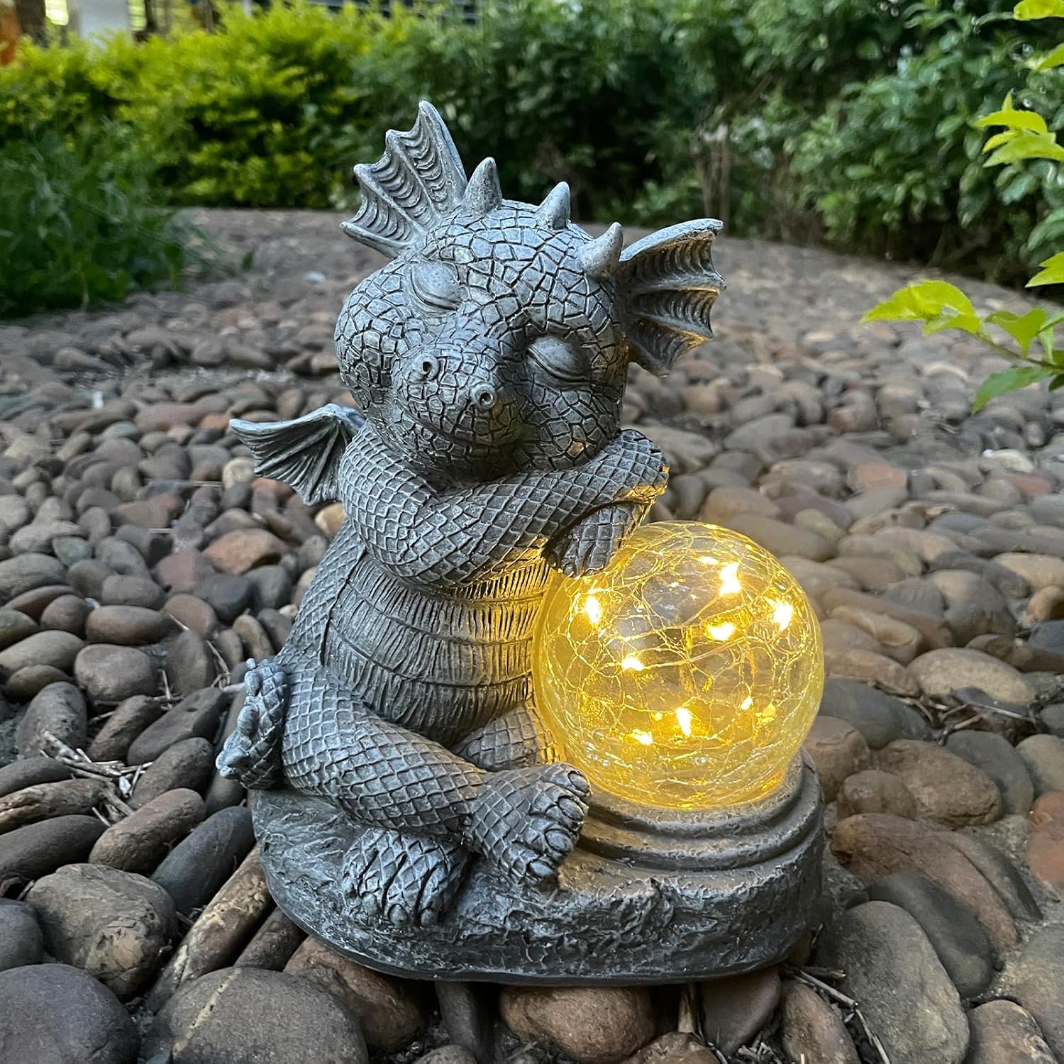 Garden Dragon Figurine Solar Powered Outdoor Cute Dragon with Hold Glowing Glass Ball Resin Sculpture for Porch Patio Lawn Farm Yard Home Decoration Gift for Women Housewarming-VerdiqueGarden