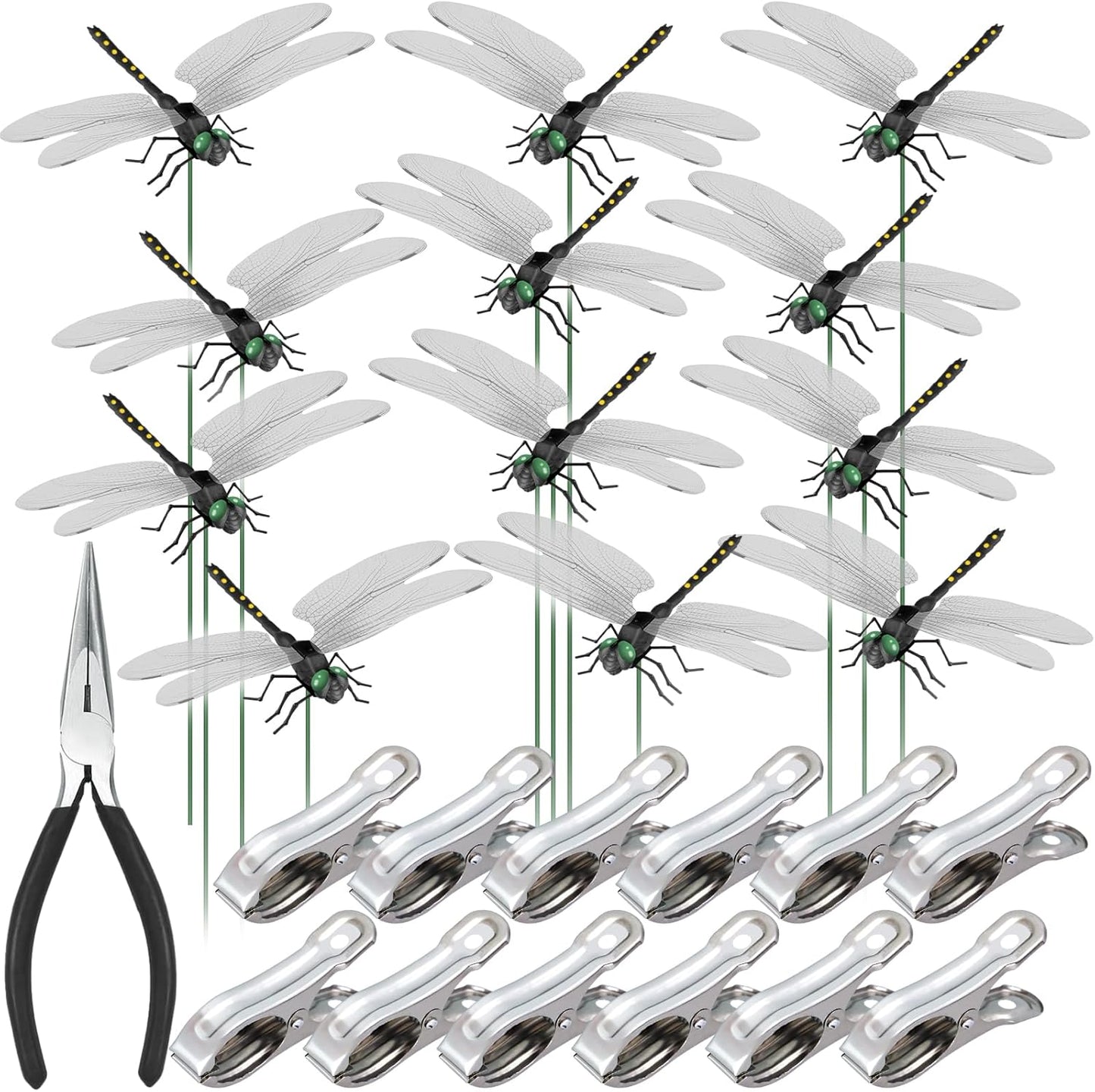 NiHome 12-Pack Large Dragonfly Clip Decoration Set for Garden, Hat, Pet, Indoor & Outdoor Display, Easy Installation Realistic Waterproof PVC Dragonflies (Black)-VerdiqueGarden