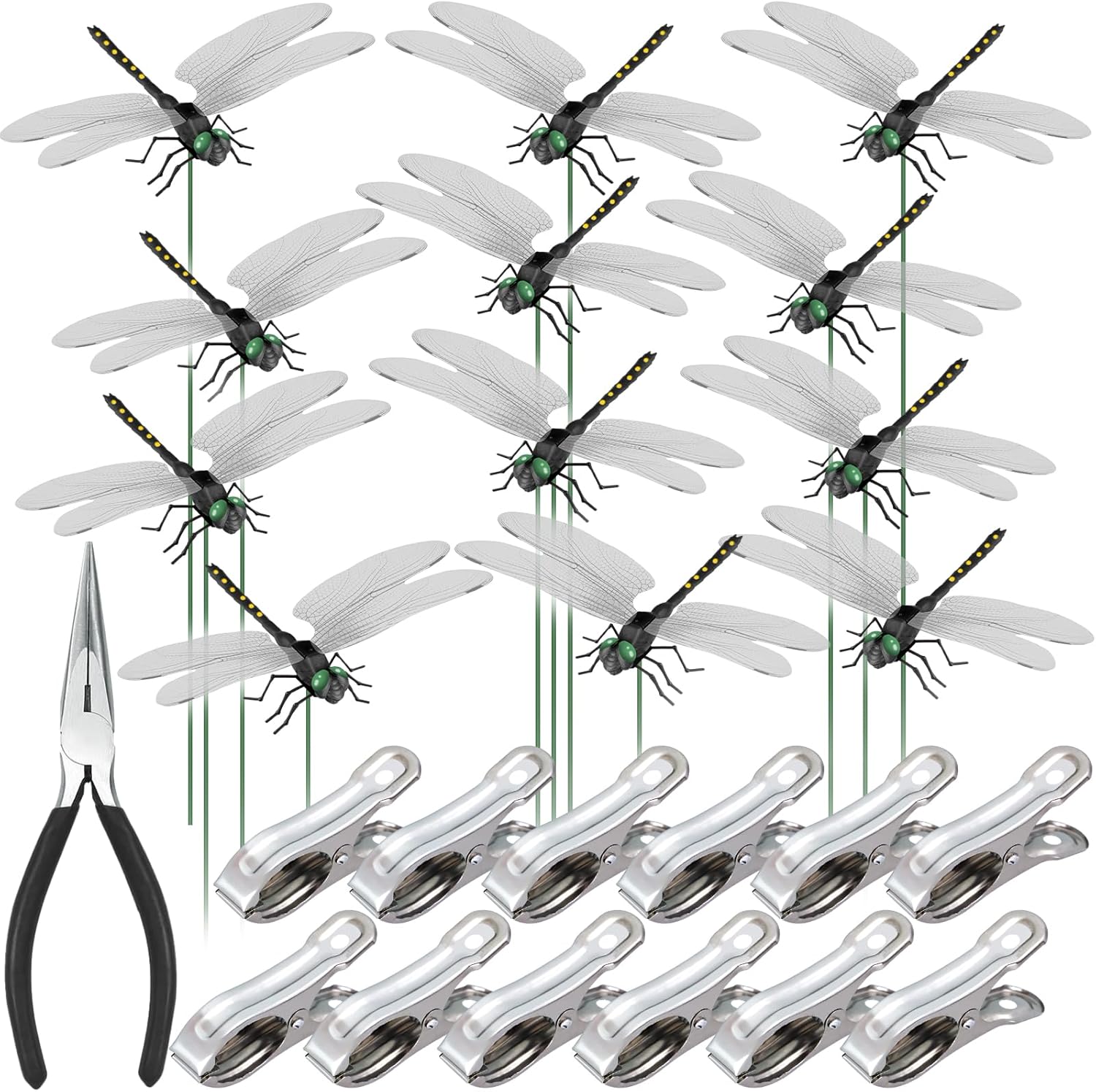 NiHome 12-Pack Large Dragonfly Clip Decoration Set for Garden, Hat, Pet, Indoor & Outdoor Display, Easy Installation Realistic Waterproof PVC Dragonflies (Black)-VerdiqueGarden