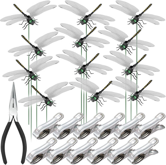 NiHome 12-Pack Large Dragonfly Clip Decoration Set for Garden, Hat, Pet, Indoor & Outdoor Display, Easy Installation Realistic Waterproof PVC Dragonflies (Black)-VerdiqueGarden