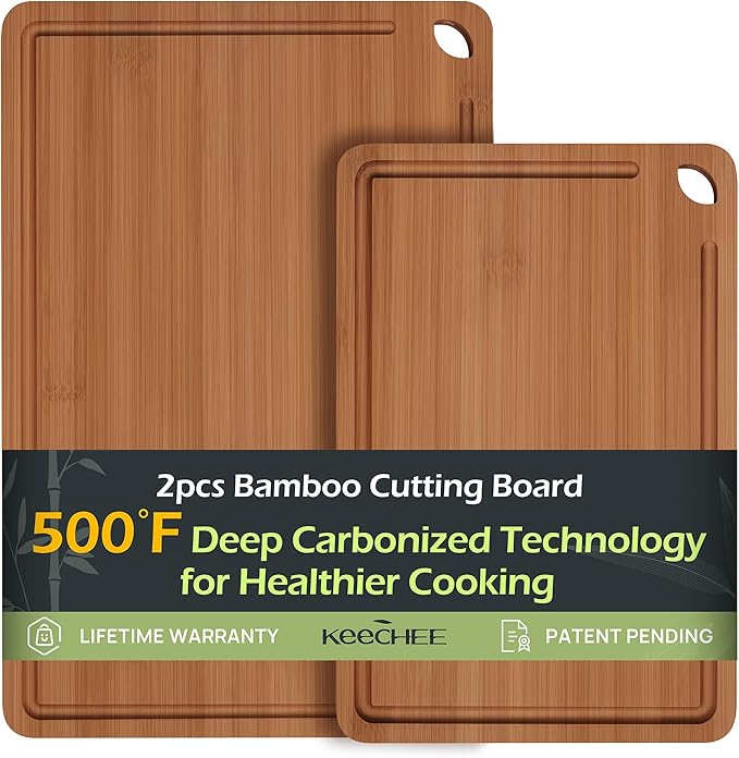 Butcher Block 2-Pcs Carbonized Bamboo Cutting Board Set With Juice Groove For Meal Prep & Cheese Serving - Ideal Kitchen Gift Set of 2 (M+L)-VerdiqueGarden