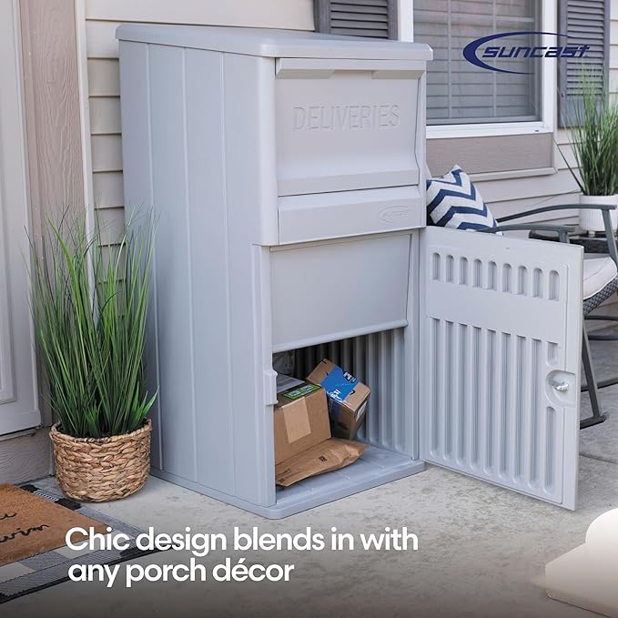 Suncast 33.5-Gallon Capacity Package Delivery Box, Parcel Drop Box with Lock, Weather Resistant Outdoor Storage Solution for Secure Package Deliveries, Made in USA-VerdiqueGarden