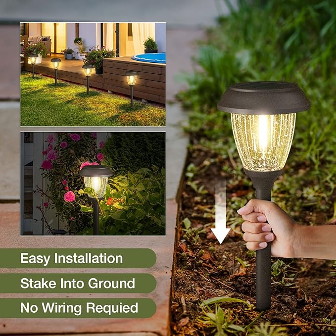 XMCOSY+ Solar Lights Outdoor 10/25 LM LED with 2 Lighting Modes, Solar Garden Lights Glass and Metal, IP65 Waterproof Solar Powered for Yard Pathway Walkway Driveway Patio (6 Pack, Warm White)-VerdiqueGarden