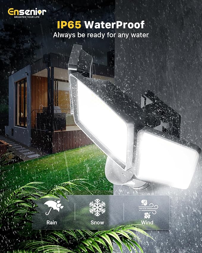 Ensenior 1800LM Solar Flood Lights Outdoor, Motion Sensor Outdoor Light 6500K, IP65 Waterproof, Separate Solar Panel, Solar Security Light with 5 Sensor Modes and 3 Adjustable Head for Yard (Black)-VerdiqueGarden