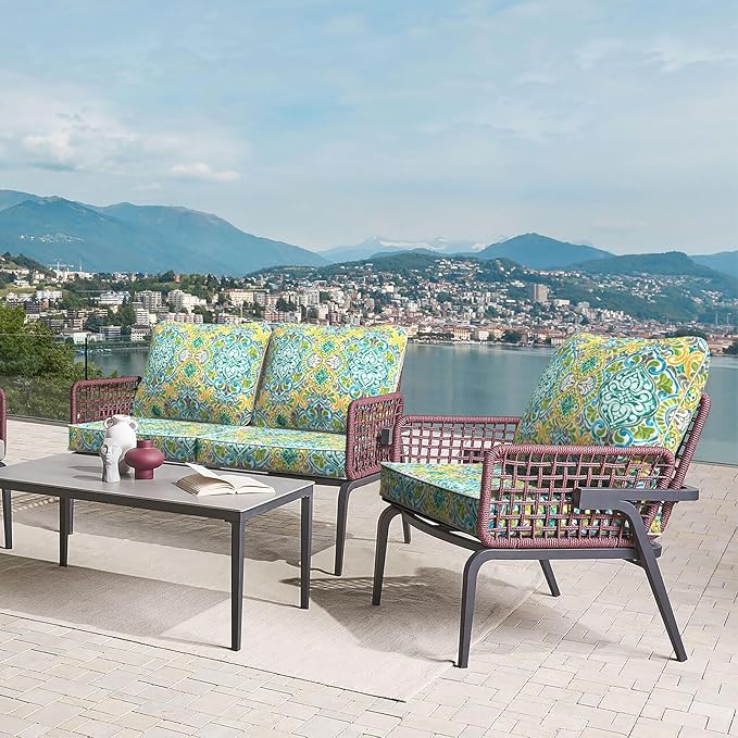 LVTXIII Outdoor Deep Seat Cushion Patio Seat and Back Cushion Set Seasonal Chair Cushion for Dining Arm Chairs, Wicker Chairs and Garden Furniture Decoration, 24"x24"x4", Damask Green-VerdiqueGarden