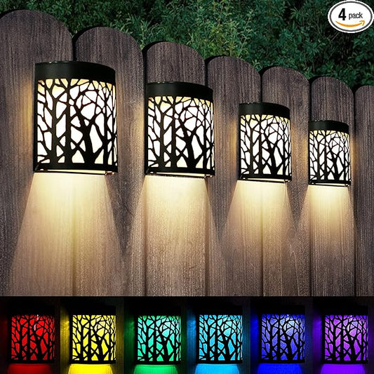 DenicMic Solar Wall Lights Outdoor Wall Sconce Fence Lighting for Patio Front Door Yard Deck Stair Led Forest Decorative Lamps, Waterproof, Warm White/Color Changing (4 Pack)-VerdiqueGarden