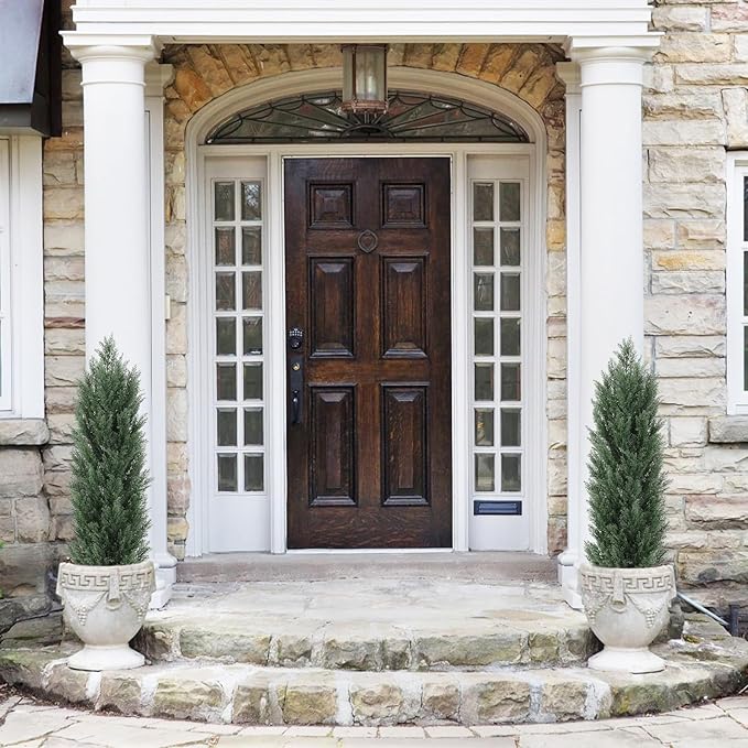 THE BLOOM TIMES 4ft Topiary Trees Artificial Outdoor 2 Pack – UV Resistant Faux Cedar Pine Cypress Bushes and Shrubs, Fake Potted Plants for Front Porch Outside Planter Patio Decor, Set of 2 (4 Foot)-VerdiqueGarden