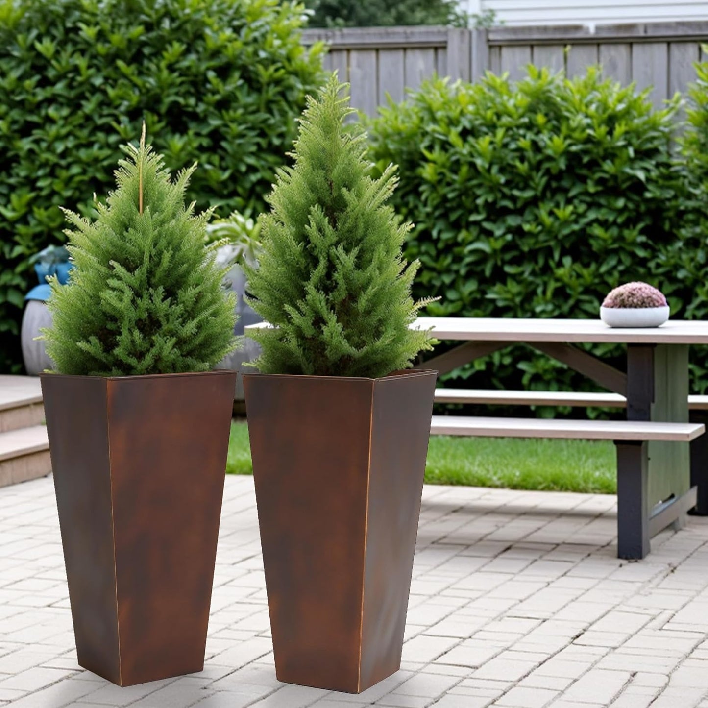 Worth Garden 12" Dia x 28" H Large Metal Planter Set of 2, Matte Bronze Retro Finish Tall Square Tapered Steel Plant Pots, Decor Flower Pots Indoor & Outdoor, Drainage Hole & Dual-Purpose Plant Saucer-VerdiqueGarden