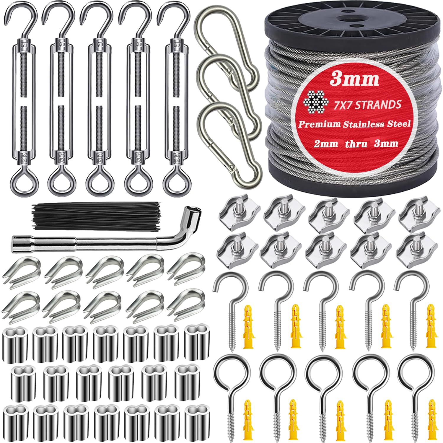 1/8" Stainless Steel Cable,100ft Wire Rope Kit Turnbuckles for Cables Wire, 7x7 Strand Core 3/32" Overmolded to 1/8" Metal Cable for Outdoor Hanging Kit,Garden Fence,Decor, Plant Hanger-VerdiqueGarden