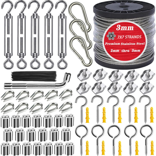 1/8" Stainless Steel Cable,100ft Wire Rope Kit Turnbuckles for Cables Wire, 7x7 Strand Core 3/32" Overmolded to 1/8" Metal Cable for Outdoor Hanging Kit,Garden Fence,Decor, Plant Hanger-VerdiqueGarden