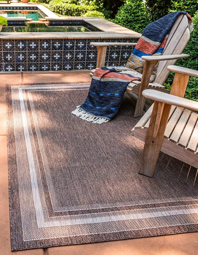 Unique Loom Outdoor Border Collection Area Rug - Soft Border (8' x 11' 4" Rectangle, Brown/ Ivory)-VerdiqueGarden
