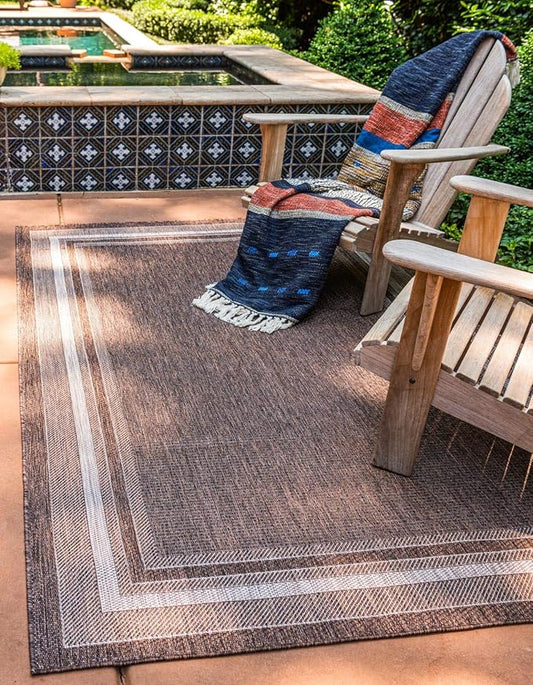Unique Loom Outdoor Border Collection Area Rug - Soft Border (5' 3" x 8' Rectangle, Brown/ Ivory)-VerdiqueGarden
