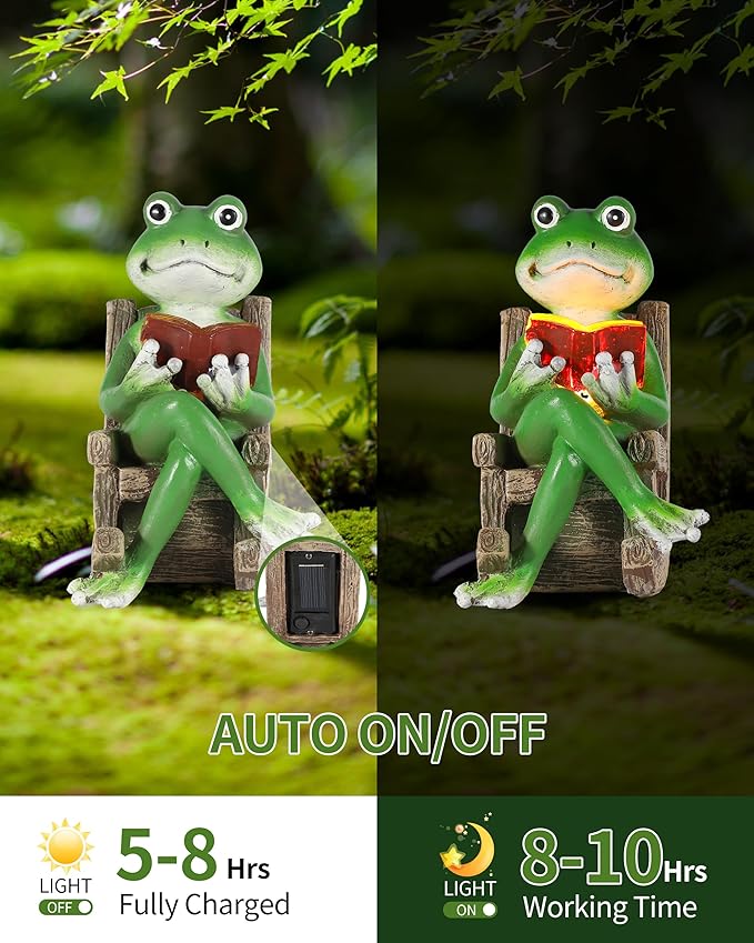 iStatue Miniature Solar Frog Reading Book Figurine Light - 5.5'' Resin Chair Statue Outdoor Table Decor for Lawn Ornaments, Patio, Yard & Garden and Home-VerdiqueGarden