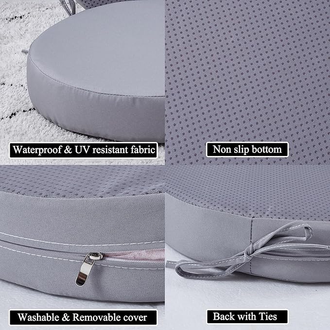 15 x 15 Inch Round Cushions for Outdoor Furniture Non-Slip Waterproof Patio Bistro Chair Cushion with Ties Bar Stool Seat Cushion for Kitchen Chairs Set of 4, Light Gray-VerdiqueGarden