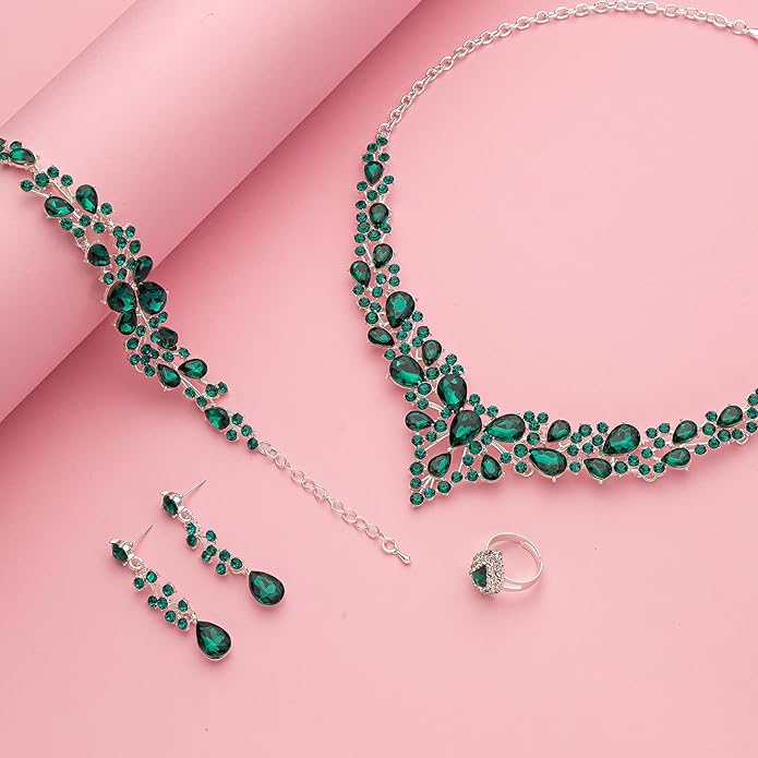 Crystal Bridal Wedding Jewelry Sets for Women Rhinestone Teardrop Crystal Statement Choker Necklace Drop Earrings Link Bracelets Rings Teardrop Jewelry Set for Brides Bridesmaids