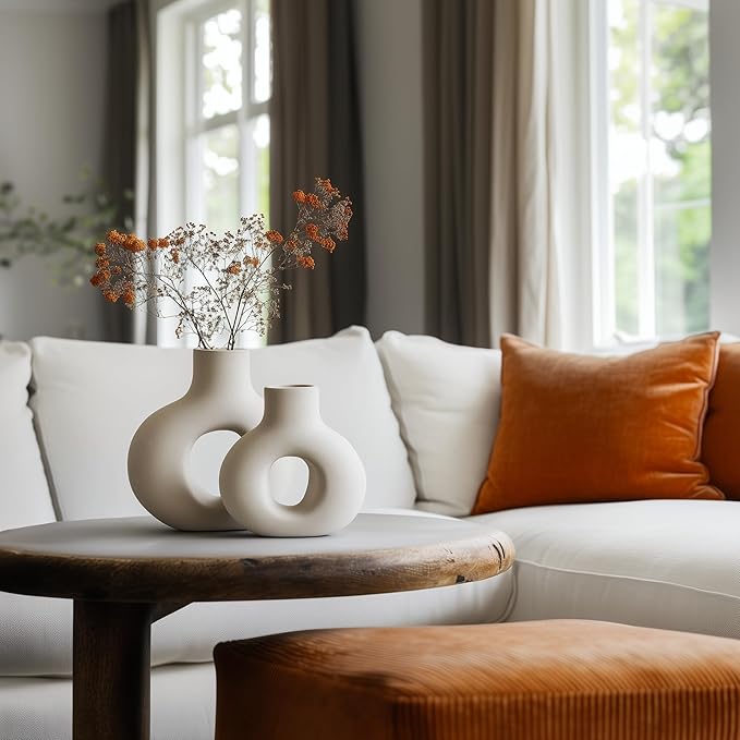 NOBULA White Ceramic Donut Vases – Modern Home Decor for Living Room, Bedroom & Table Centerpiece - Minimalist Nordic – Unique Vases for Olive Plant & Flowers – Decorative Coffee Table Vase Set of 2-VerdiqueGarden