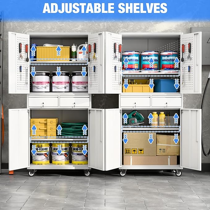 Metal Garage Storage Cabinet with Locking Doors and 2 Adjustable Shelves, Rolling Tool Storage Cabinet with 4 Wheels and 2 Drawer for Garage, Warehouse, White and Gray, Assembly Required-VerdiqueGarden