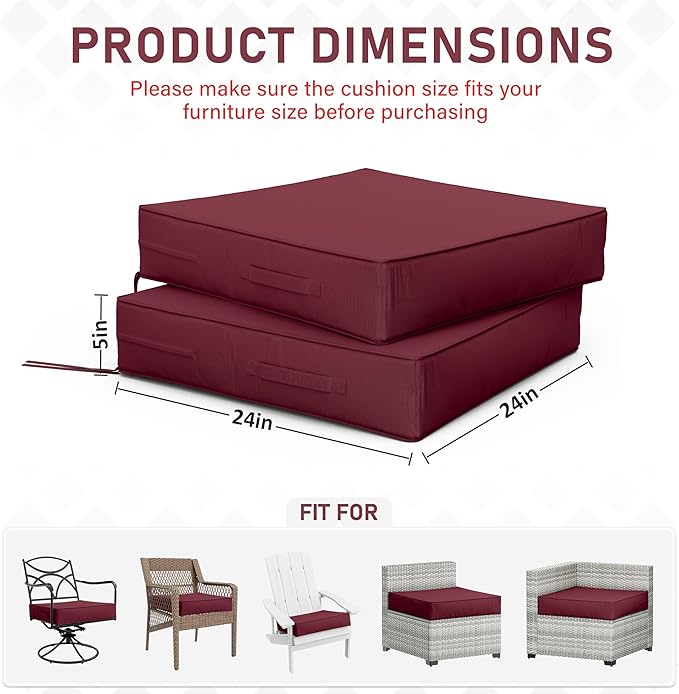 Patio Chair Cushions 24 X 24 X 5 Inch Waterproof Outdoor Seat Cushions for Patio Furniture, Outdoor Sofa Couch Pads with Ties & Handle, Set of 2, Burgundy-VerdiqueGarden