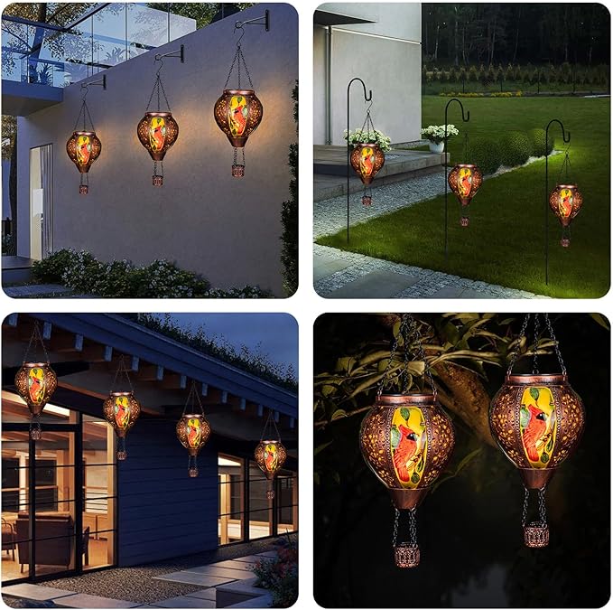 Hot Air Balloon Solar Lantern Outdoor - Flame Hanging Solar Light Waterproof Lanterns for Patio Garden Yard Farmhouse Decor, Great Gift(Cardinal 2)-VerdiqueGarden