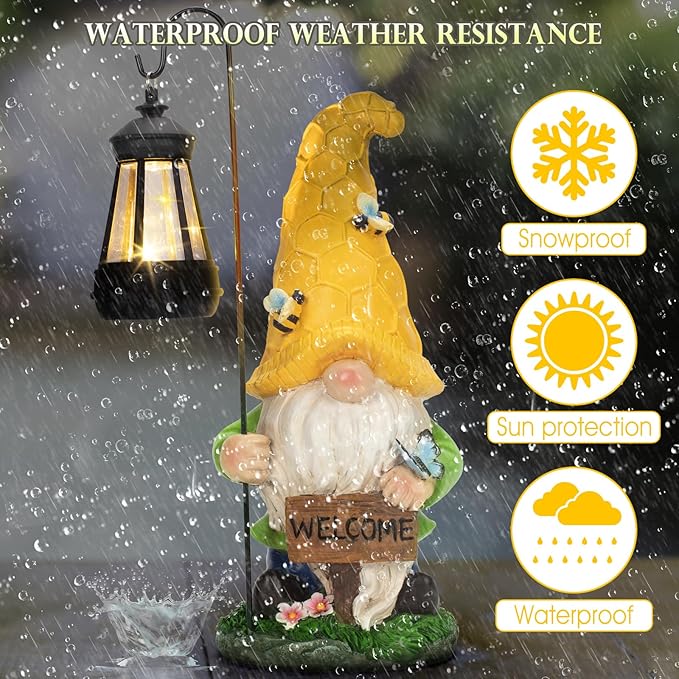 12.6'' Solar Large Garden Gnomes Outdoor Statues with Lantern, Welcome Gnome Garden Outdoor Decor Gift Waterproof Decoration for Patio, Balcony, Yard Ornament - Unique Housewarming Gifts-VerdiqueGarden