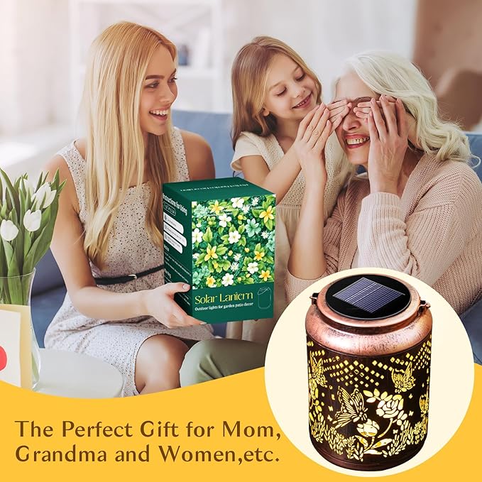 Hyriony Butterfly Solar Lanterns Outdoor Waterproof Metal Hanging Lights, Garden Decor Gifts for Women, Mom, Grandma Solar Decorations for Yard, Patio, Backyard, Porch, Lawn, Walkway, Tabletop-VerdiqueGarden