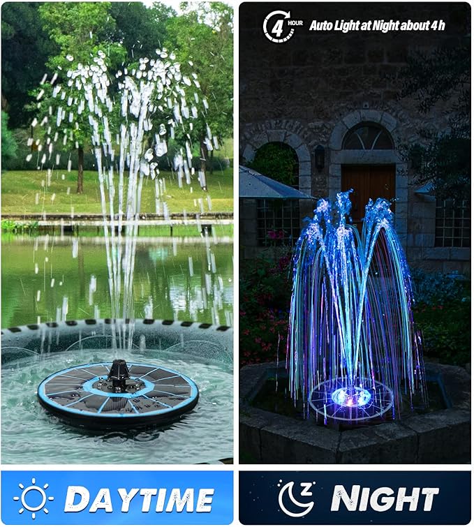 Solar Fountain Glass Panel with 2200 mah Battery, 3.5W Floating Solar Water Fountain with 4 Fixed Rods, Solar Fountain Pump for Bird Bath, Garden, Pond, Pool, Outdoor-Colorful Lights-VerdiqueGarden