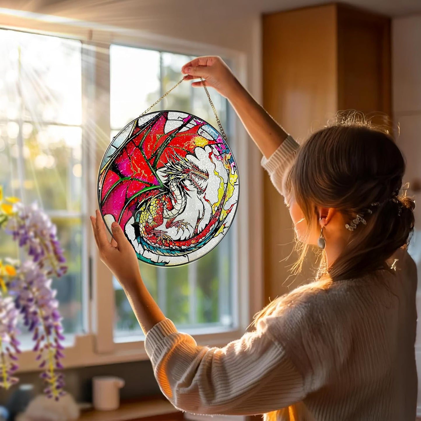 Stained Glass Window Hanging, Stained Glass Suncatcher, Dragon Sun Catcher, Window Hanging Decor, Dragon Gift, Gifts for Fathers Day, Christmas or Birthday Gift, Gifts for Him Dad Grandfather Son-VerdiqueGarden