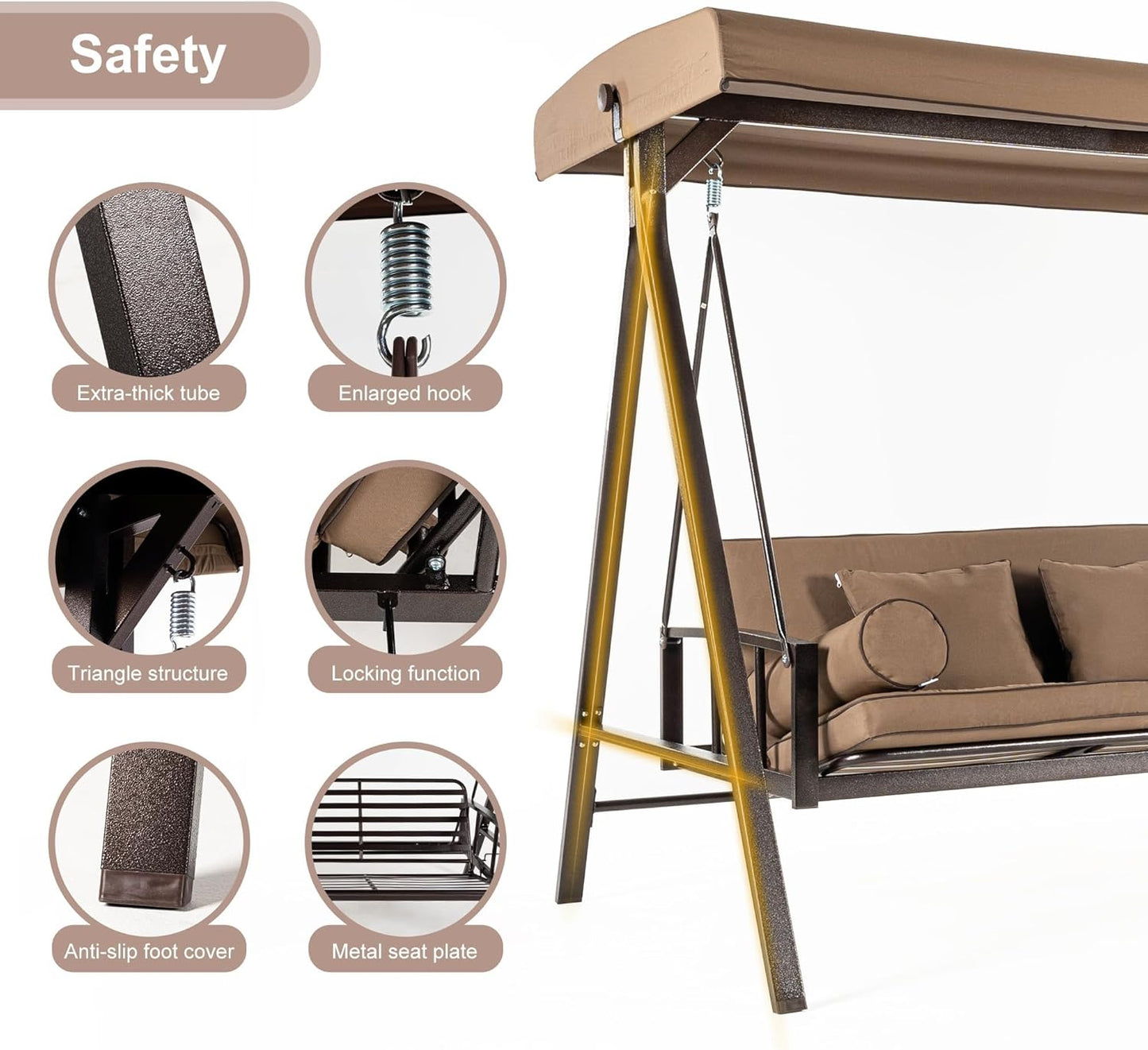 PURPLE LEAF Outdoor Patio Porch Swing Adjustable Backrest, 3-seat Swing Chair with Weather Resistant Steel Frame for Backyard Front Porch Lawn, Cushion and Pillows Included, Beige-VerdiqueGarden