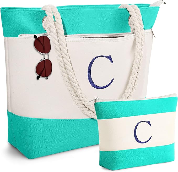 YOOLIFE Beach Bags for Women - Initial Tote Waterproof Bag with Makeup Bag, Mothers Day Gifts for Women Mom Friend Birthday-VerdiqueGarden