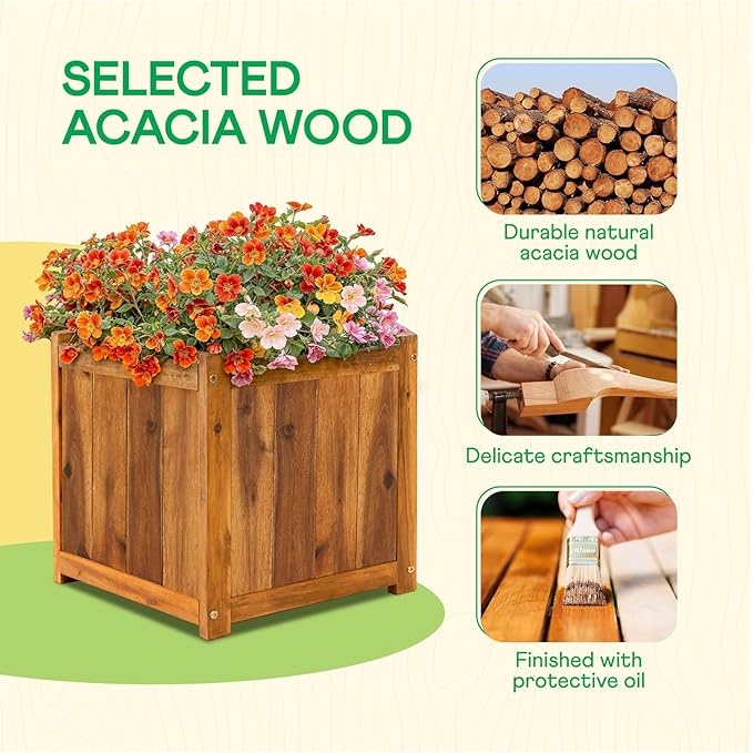 IDZO Acacia Wood Flower Planter Box for Outdoor Plants, 1pc Wooden Raised Garden Bed with Handles, Drainage Holes, Ideal for Garden and Home Décor, Light Cherry-VerdiqueGarden