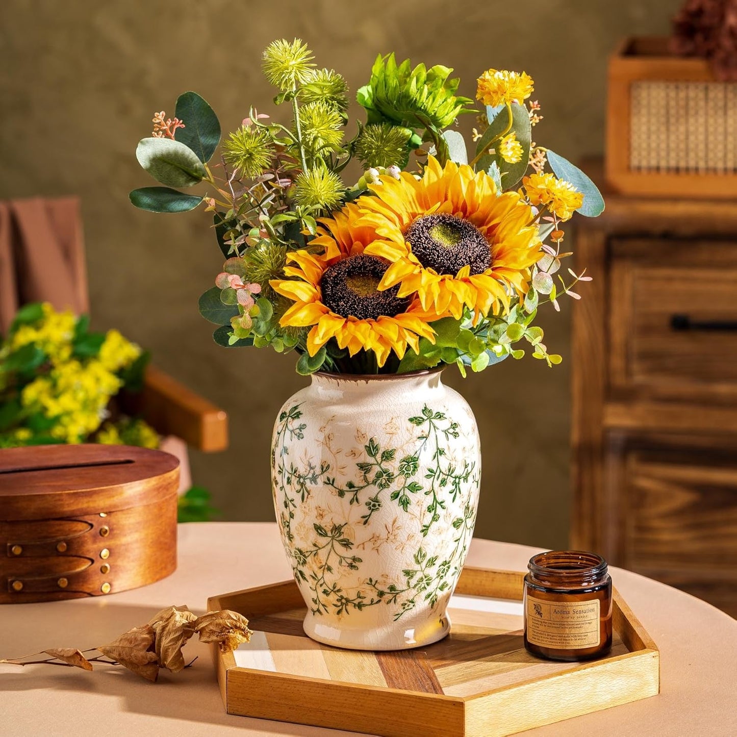 Vintage Green and Beige Vase, Round Ceramic Floral Vases, Retro Ice Cracked Chinoiserie Vase for Home Decor, Living Room, Bookshelf, Office, Grand Millennial Decor, Rustic Table Centerpiece 8 Inch-VerdiqueGarden