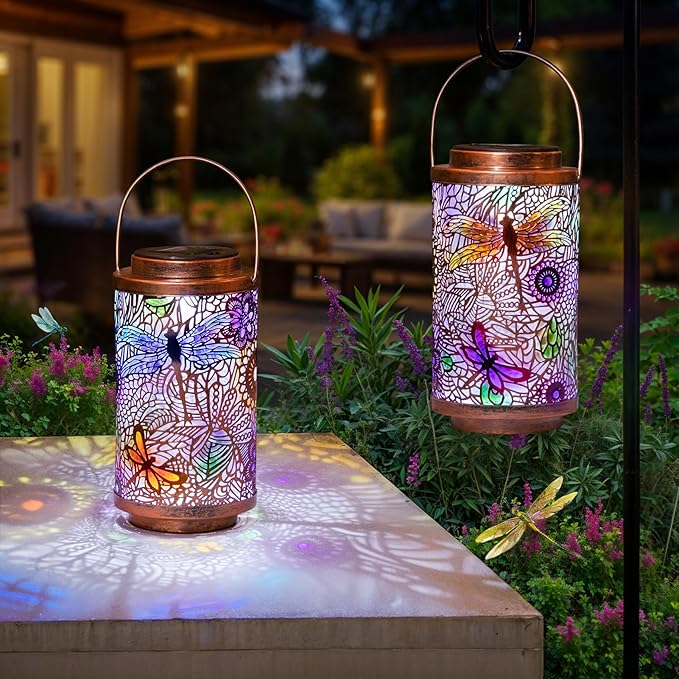 Go2garden 2Pack Solar Outdoor Lanterns Waterproof Dragonfly Garden Gifts for Women Patio Decor Lights Metal Lantern for Yard, Tabletop, Porch, Outside,Mothers Day Gifts for Mom Women-VerdiqueGarden