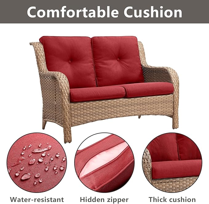 Outdoor Wicker Patio Furniture Set - 5 Piece Rattan Patio Conversation Set with 2 Rocking Swivel Chairs,2 Ottomans and 1 Loveseat for Porch Deck Backyard Garden(Yellow/Red)-VerdiqueGarden