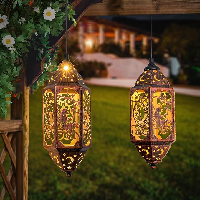 Go2garden 12.4" Outdoor Solar Lanterns Waterproof Garden Gifts Women, Moon Fairy Statue Solar Haning Lights for Patio, Yard Decorations, Mothers Day Gifts for Mom, Grandma(2Pack, Red Copper)-VerdiqueGarden