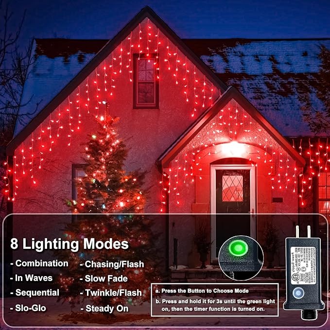 Christmas Icicle Lights Outdoor, 66Ft 640 LED Icicle Lights for Outside with 8 Modes Timers, Waterproof Plug in String Light for House Yard Eave Patio Wedding Party Holiday Decorations, Red-VerdiqueGarden
