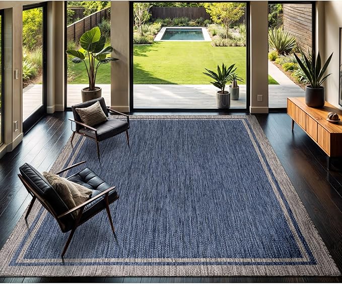 CAMILSON Outdoor Rug, 8x10 Bordered Navy Blue Gray Modern Area Rugs for Indoor and Outdoor Patios, Porches Waterproof Washable Porch Deck Outside Carpet (Bordered Navy, 8 x 10)-VerdiqueGarden