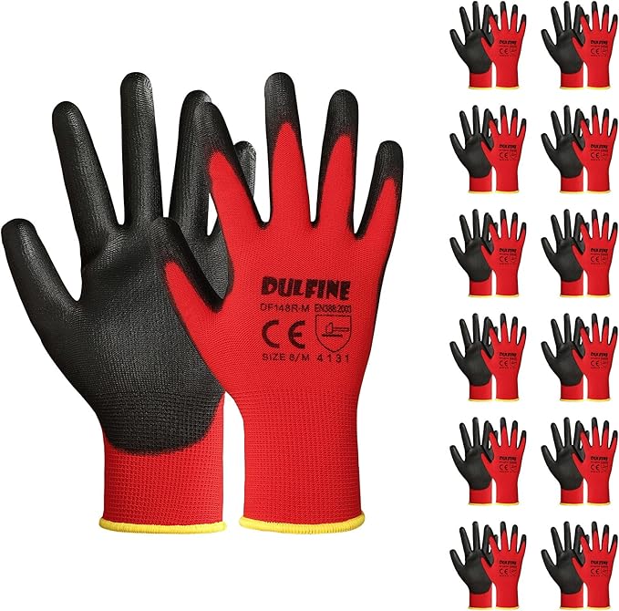 DULFINE Safety Work Gloves PU Coated-12 Pairs,Red Seamless Knit Glove with Polyurethane Coated Smooth Grip on Palm & Fingers, for Men and Women, Ideal for General Duty Work (XX-Large)-VerdiqueGarden