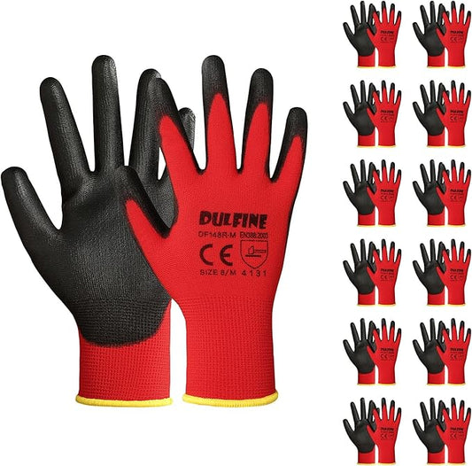 DULFINE Safety Work Gloves PU Coated-12 Pairs,Red Seamless Knit Glove with Polyurethane Coated Smooth Grip on Palm & Fingers, for Men and Women, Ideal for General Duty Work (Medium)-VerdiqueGarden