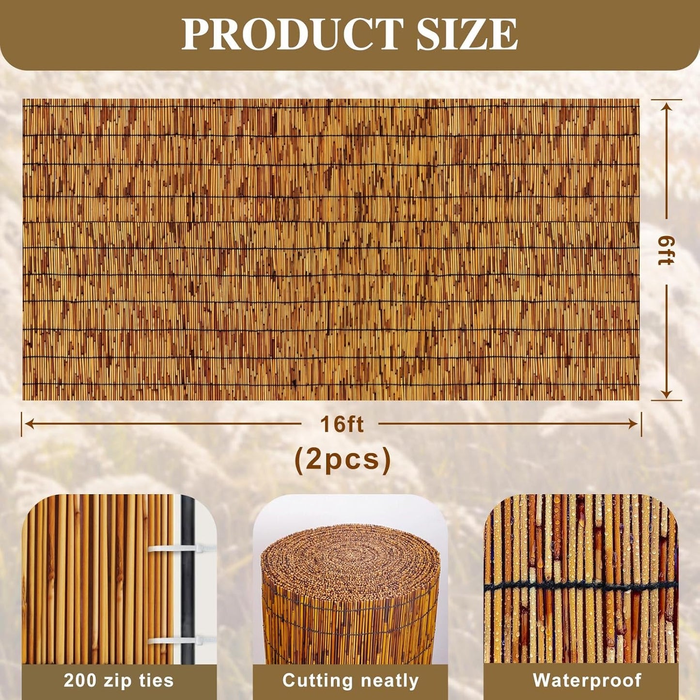 Reed Fencing Rolls,Patio Privacy Screen,Decorative Bamboo Fence Rolls for Patio Balcony Garden Backyard Outdoor,6x16FT(2Pcs)-VerdiqueGarden