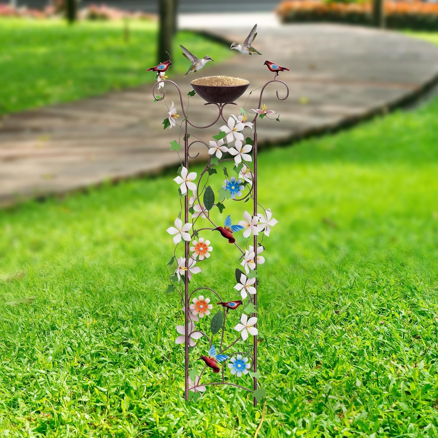Bird Bath for Outside - Antique Iron Bird Bath with Trellis,Detachable Decorative Hummingbird Bowl,Metal Plant Support for Climbing Flowers,Elegant Outdoor Garden Feature (Hummingbird)-VerdiqueGarden