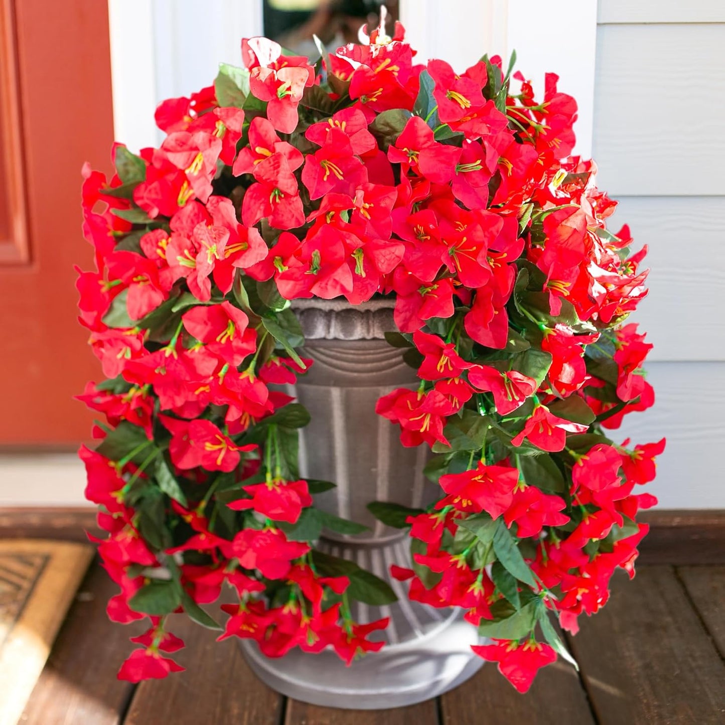 Bougainvillea Artificial Hanging Flowers Plants for Outdoors Decoration, 2pcs Fake Flowers Silk Bougainvillea Vines Realistic UV Resistant Faux Flowers for Outdoor Planters Porch Patio, Red-VerdiqueGarden