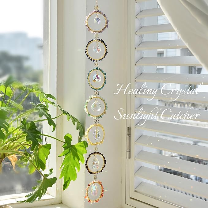 Healing Crystal Energy Wind Chime, 7 Chakra Crystal Sunlight Catcher, Meditation Home Decoration, Gem Wall Decoration, Birthday Gift, Healing Crystal Energy Sunlight Catcher-VerdiqueGarden