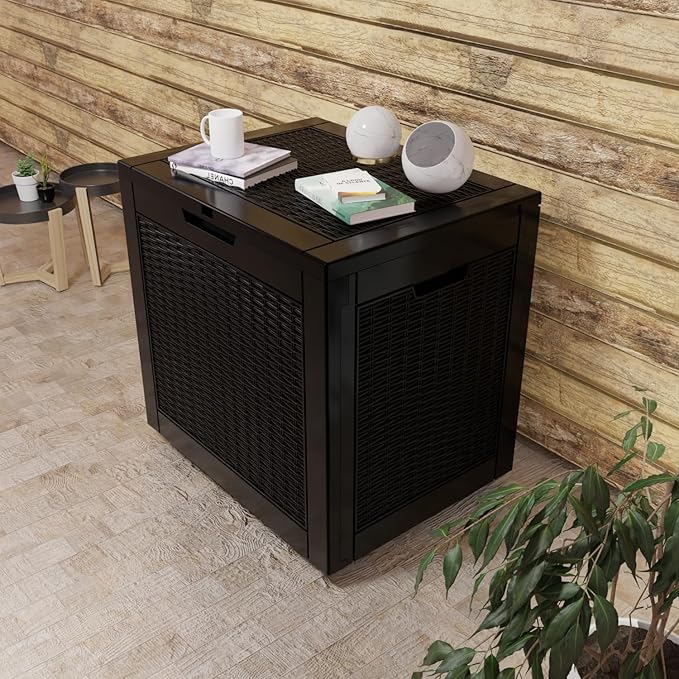 36 Gallon Outdoor Deck Box,Storage Lockable Waterproof Patio Furniture,Garden Tools,Cushions,Pool Accessories Outside Storage Resin Box(Black Pattern)-VerdiqueGarden