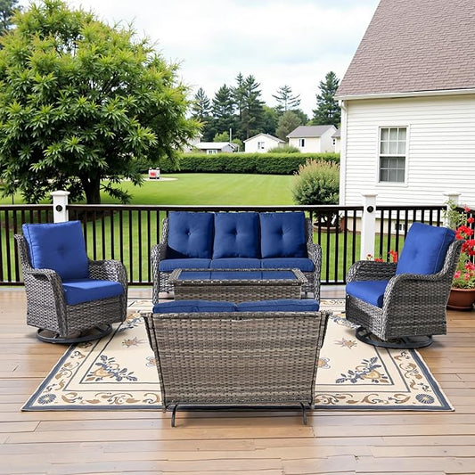 5 Piece Outdoor Patio Furniture Set - Outdoor Conversation Couch and Loveseat Glider Chair Furniture Set with Rattan Coffee Table for Deck Balcony Poolside Gray Wicker/Blue Cushions-VerdiqueGarden